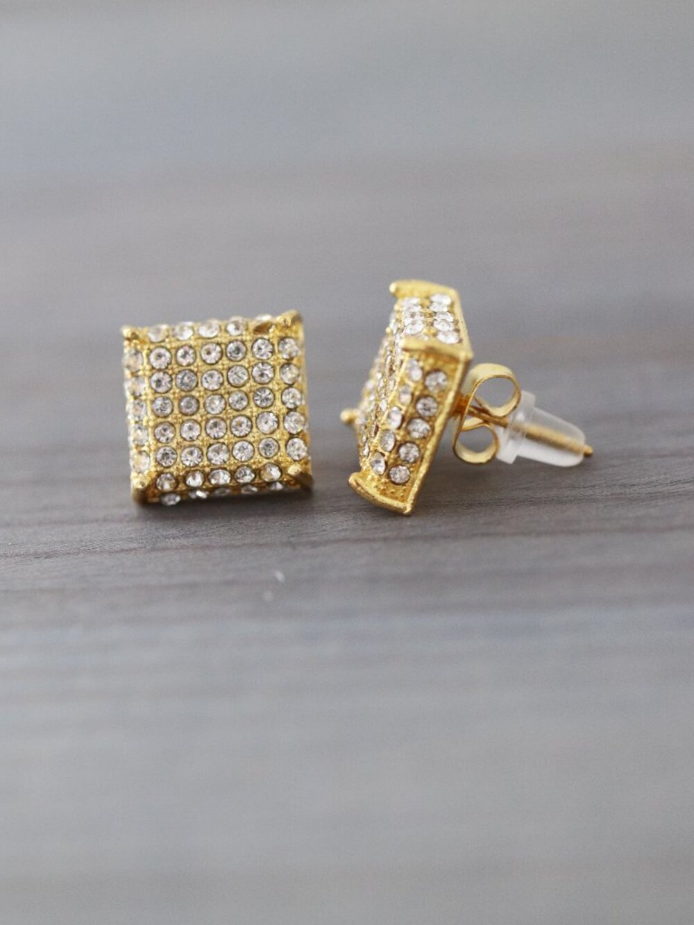 12mm Square Pave Style with Side Stones CZ Diamonds Stud Earrings Silver Plated